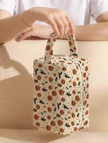 1pc Halloween Jack-O'-Lantern All-Over Print Corduroy Pouch With Handle ,Makeup & Toiletry Bag, Zipper. Durable,Multi-Use For Travel Daily School - Multicolor - View 5