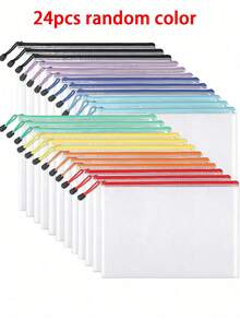 24-Piece Set Of A4 Plastic Transparent Zipper File Bags, PVC Mesh Zipper Bags, Plastic Mesh File Bags, Student Multi-Functional Station Carrying Bags, Suitable For Travel Storage, Office Supplies And Home Organization - Colorful - View 8