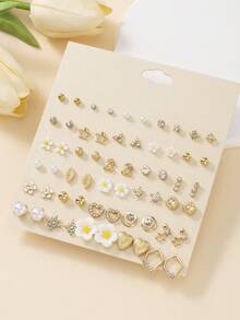 1 Set Of 60pcs Fashion Metal Butterfly Heart Rhinestone Moon Bow Flower Stud Earrings Set Holiday Gift Jewelry Women Can Wear Daily Multi-Piece Set - Yellow Gold - View 6