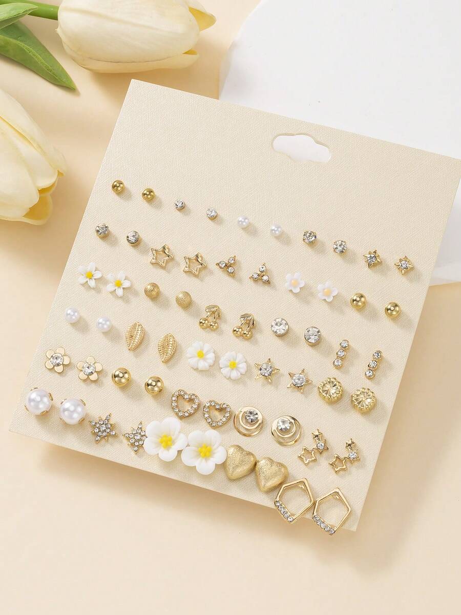 1 Set 60pcs Fashion Metal Butterfly Heart Shape Rhinestone Moon Bow Flower Stud Earrings Set, Women's Daily Wear Holiday Gift Jewelry Multi-Piece Set - Yellow Gold - View 1