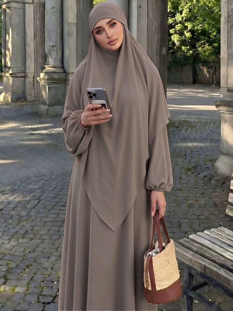 Muslim Abaya Set, Solid Black Textured Long Sleeve Maxi Inner Dress & Asymmetrical Hem Open Outerwear, Modest Dubai Islamic Robe For Women - Fixed Khaki - View 1