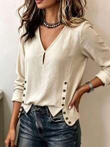 Elegant Women's Bohemian Style Solid Color V-Neck Long Sleeve Blouse, Button Decor, All-Season Regular Fit Woven Shirt - Apricot - View 3