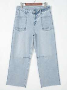 Women's Casual Straight Leg Cropped Length Jeans, Frayed Hem, Medium Stretch, Fashion Relaxed Retro Style Spring, Effortless Style Fall - Blue - View 4
