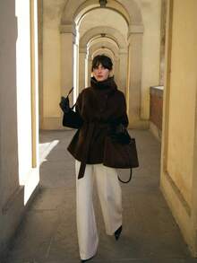 Women's Brown Funnel Neck Belted Long Sleeve Jacket With Pockets, Elegant Polyester Regular Length Autumn/Winter Fashion - Brown - View 8