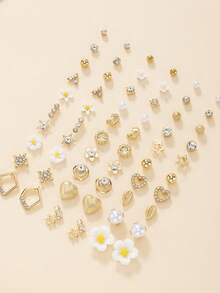 1 Set Of 60pcs Fashion Metal Butterfly Heart Rhinestone Moon Bow Flower Stud Earrings Set Holiday Gift Jewelry Women Can Wear Daily Multi-Piece Set - Yellow Gold - View 4