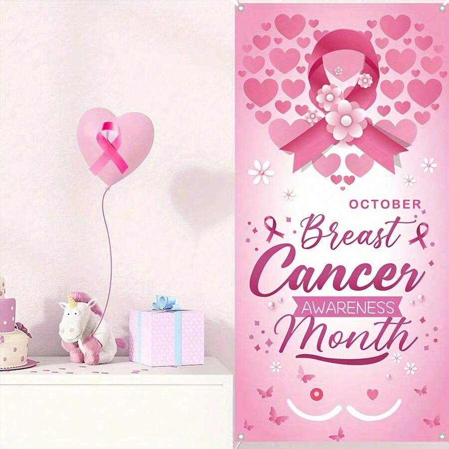 2D Door Banner, 1pc, Breast Cancer Awareness Door Banner, Breast Cancer Party Charity Party Door - Breast Cancer Prevention - View 1