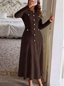 Unadoll Women's Autumn Brown Tweed Mid-Length Dress, Long Sleeve Front Button Fishtail Knit Skirt, Elegant Summer Style - Brown - View 2