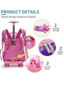 3pcs/Set Kids Rolling Travel Bag, Double-Sided Pink Cartoon Cat Sequin Design Backpack, With Handbag And Pencil Case, Reflective At Night - Pink - View 5