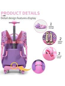 3PCS Kids Wheeled Travel Bag, Double-Sided Pink Red Cartoon Cat Sequins ...