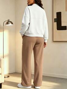 Women's 3 Pieces Outfits Casual Zip Up Bomber Jacket, Ribbed Round Neck Tee & Drawstring Wide Leg Pants Set, Solid Camel Set For Fall Spring - Khaki + White - View 9
