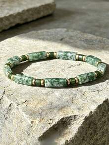 Casual Style 5mm Snake Stone Tube Bead Bracelet, Symbolizing Transformation And Renewal, Wisdom And Insight, Warding Off Evil And Protection, Handmade Elastic Cord Spiritual Jewelry, Suitable For Daily Wear - Green - View 4