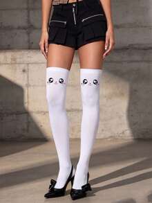 1雙可愛貓咪臉過膝襪 白色卡通貓印花 高彈性修身大腿襪 日系甜美JK蘿莉塔風 - 白色 - 查看 7