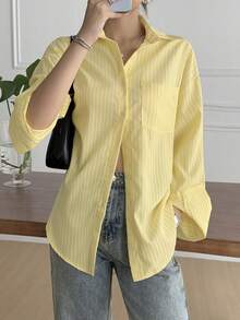 Vellofy Women's Autumn/Winter Yellow Striped Button-Up Collared Long Sleeve Loose Shirt With Pockets, Suitable For Home Leisure, Daily Dating And Gatherings - Yellow - View 6
