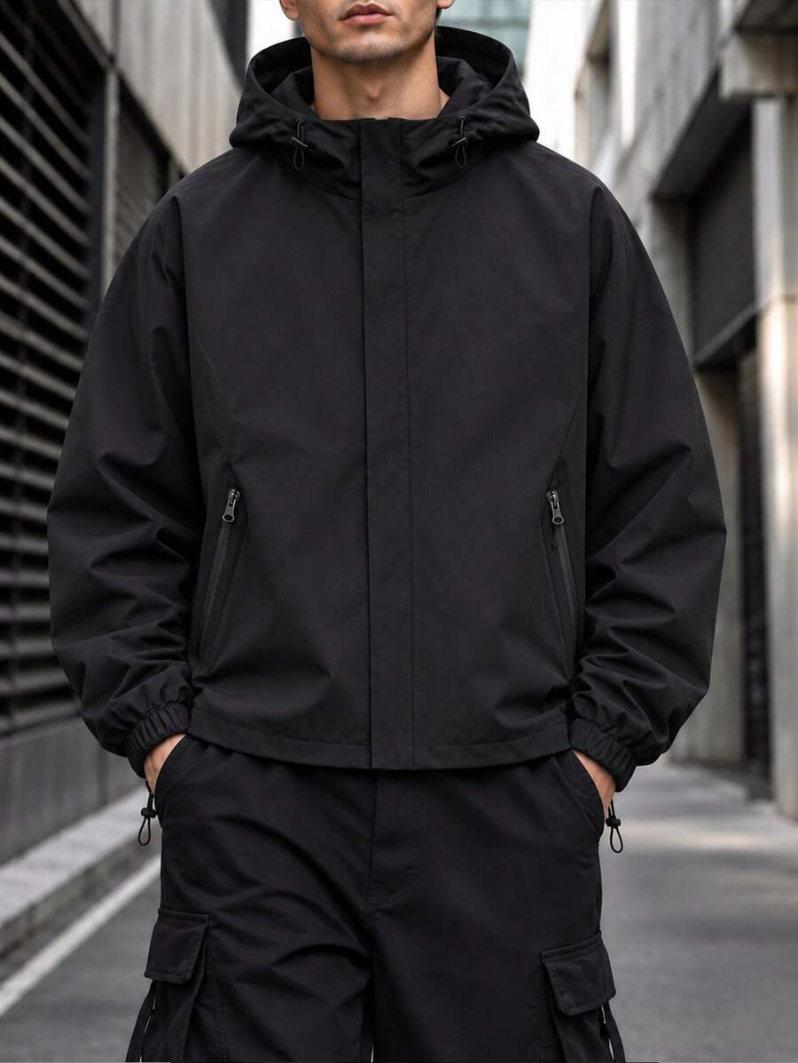 男士純色極簡連帽夾克,標準版型,長袖,附口袋 - 黑色 - 查看 1