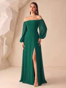 Women's Off-Shoulder High Slit Chiffon A-Line Bridesmaid Dress, Cocktail Dress, Wedding Guest Dress, Suitable For Weddings, Graduations, Formal Dinners And Other Occasions - Dark Green - View 1