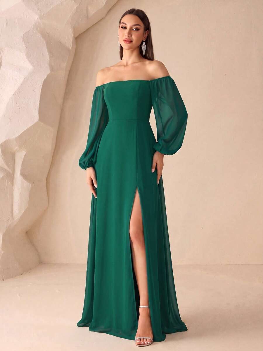 Women's Off-Shoulder High Slit Chiffon A-Line Bridesmaid Dress, Cocktail Dress, Wedding Guest Dress, Suitable For Weddings, Graduations, Formal Dinners And Other Occasions - Dark Green - View 1