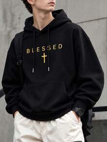 Men's Long Sleeve Drawstring Pocket Casual Sweatshirt, Minimalist Letter Graphic Print, Standard Fit - Black - View 1
