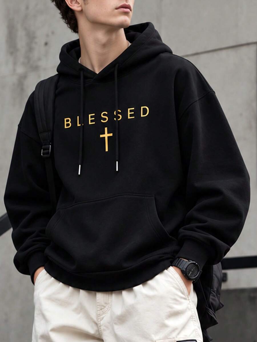 Men's Long Sleeve Drawstring Pocket Casual Sweatshirt, Minimalist Letter Graphic Print, Standard Fit - Black - View 1