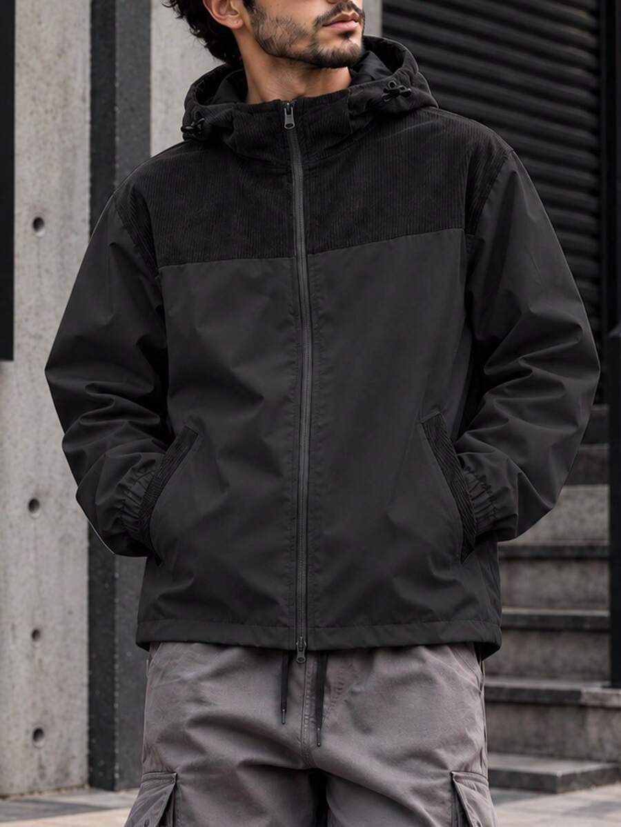 Men's Hooded Jacket, Corduroy Patchwork, Drawstring Hood And Zipper Design, Long Sleeve - Black - View 1