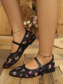 Women's French Style Pointed Toe Embroidered Mary Jane Shoes, New Breathable Thin Flat Single Strap Floral Loafers - Black - View 4