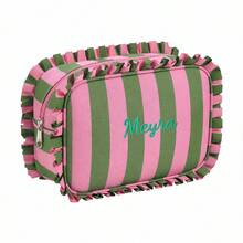 Custom Embroidered Striped Ruffle Trim Makeup Bag, Large Capacity Cosmetic Bag, Travel Makeup Organizer For Girl, Perfect Personalized Gift - Multicolor - View 13