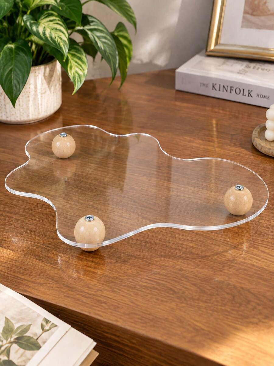 1pc Ins Style Minimalist Acrylic Asymmetrical Vanity Organizer, Wooden Base, Cosmetics Perfume Jewelry Display Rack, Suitable For Bedroom And Desktop Decor - Multicolor - View 1