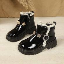 Girls' Lace Trim Shiny Princess Boots With Snowflake Rhinestone Thick Sole Ankle Boots - Black - View 6