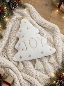 1pc Christmas Tree Embroidered Shaped Pillow Case, Christmas JOY Shaped Pillow Case, Suitable For Indoor Decoration, Christmas Decoration, All Season Shaped Pillow Case, Without Insert - Gold - View 2