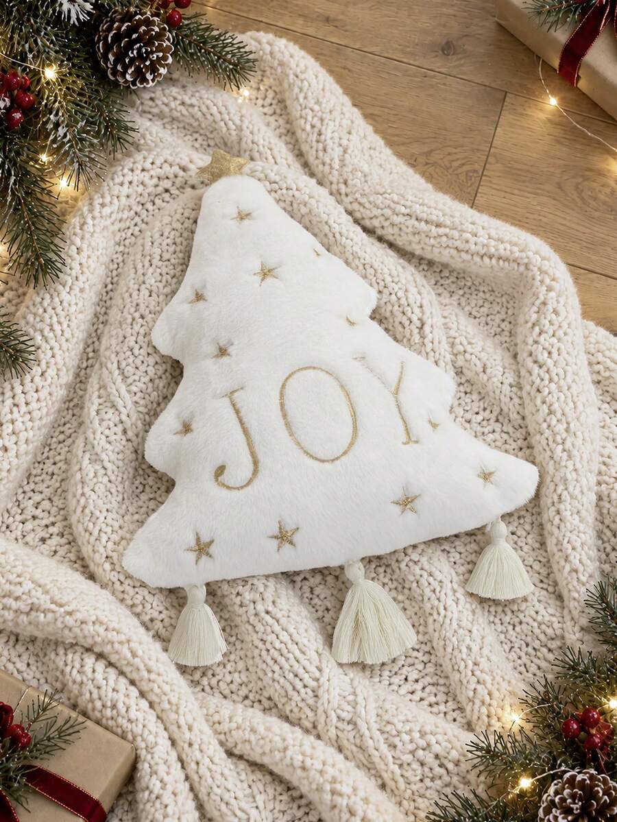 1pc Christmas Tree Embroidered Shaped Pillow Case, Christmas JOY Shaped Pillow Case, Suitable For Indoor Decoration, Christmas Decoration, All Season Shaped Pillow Case, Without Insert