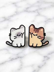2 pièces/set Broche de couple de chats ondulants, insigne en émail mignon et guérissant pour meilleurs amis, accessoire populaire transfrontalier, set de broche de couple de chats mignons, épingle en émail de chat ondulant douce et mignonne, bijoux de couple charmants transfrontaliers - Noir et Blanc - Voir 2
