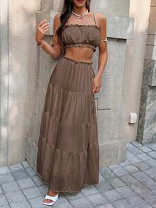 Vellofy Women's Autumn/Winter Coffee Brown Ruffle Camisole Top + Layered Long Skirt Two Pieces Set, Elastic Waist Home Casual Daily Date Party Outfit - Brown - View 3