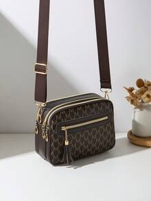 Women's Casual Commuter Crossbody Bag, 4 Zipper Design, Solid Color With Fashionable Letter Pattern, Comfortable Touch, Handheld/Shoulder, Large Capacity, Suitable For Travel, Shopping, Commuting - Coffee - View 1