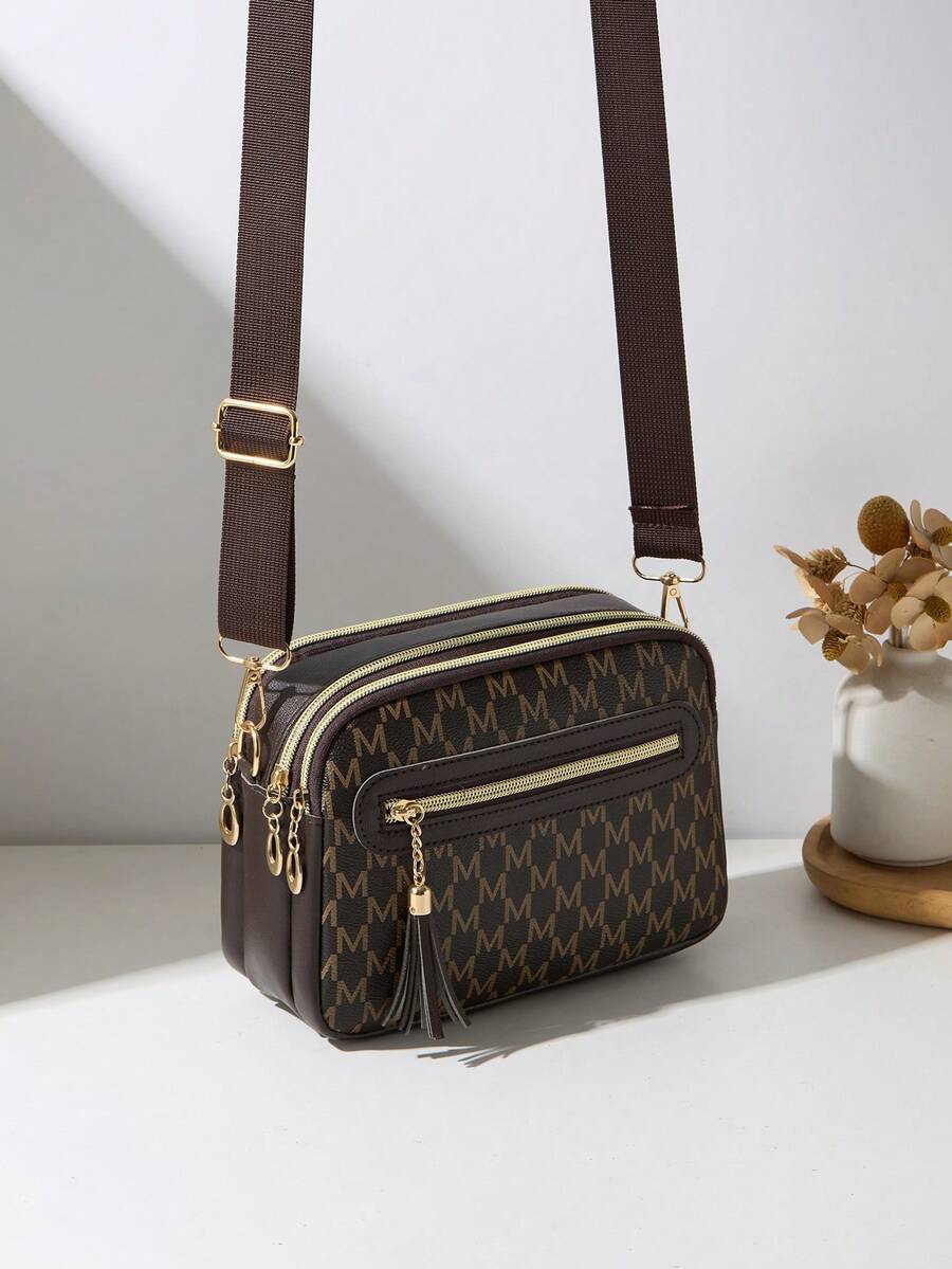 Women's Casual Commuter Crossbody Bag, 4 Zipper Design, Solid Color With Fashionable Letter Pattern, Comfortable Touch, Handheld/Shoulder, Large Capacity, Suitable For Travel, Shopping, Commuting - Coffee - View 1