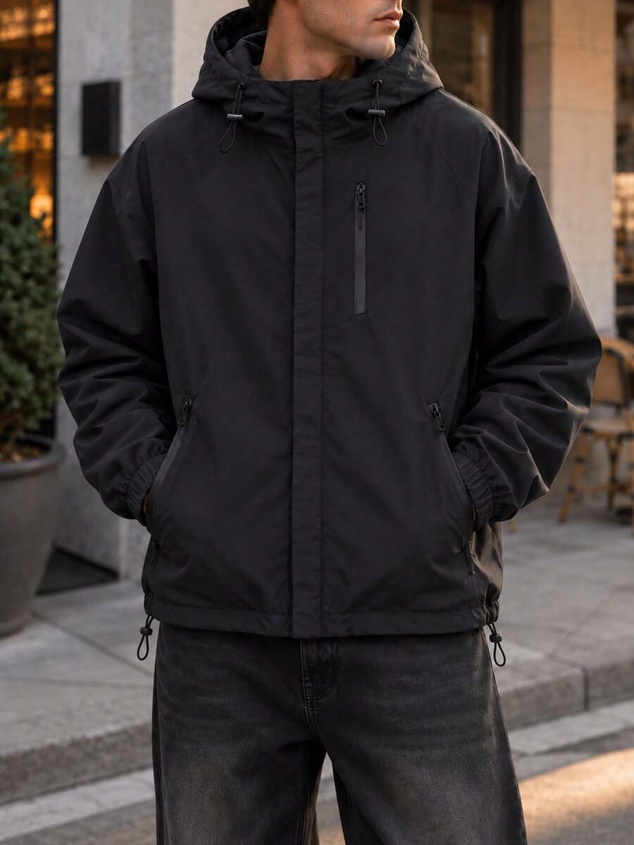 Men's Black Hooded Jacket, Zipper Drawstring Hood Casual Streetwear Outerwear, Standard Fit, Long Sleeve - Black - View 1