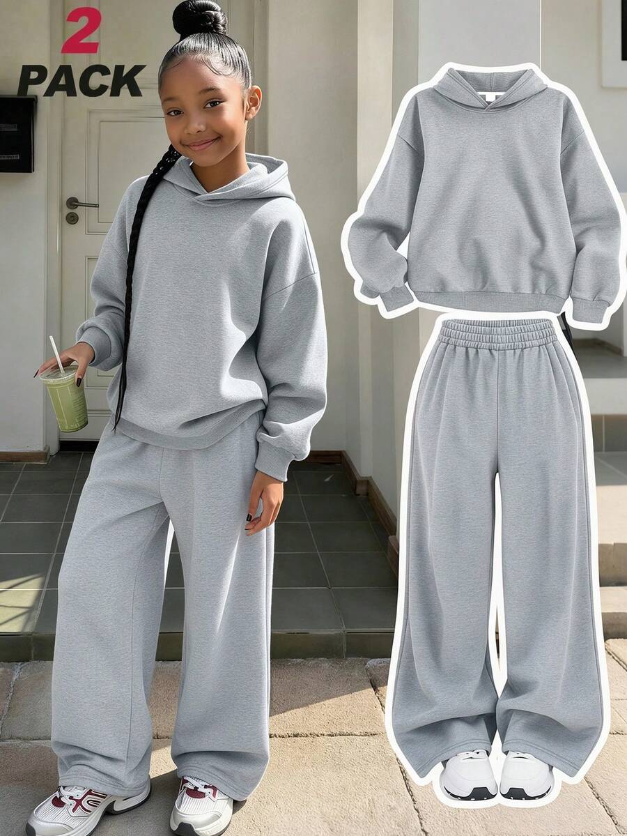 Girls' Casual 2 Pieces Set, Includes Solid Color Hoodie And Wide Leg Pants, Soft And Comfortable, Suitable For Autumn/Winter Wear - Grey - View 1