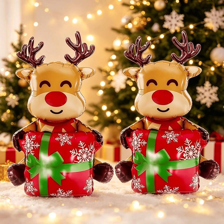1/2pcs Christmas Reindeer Balloons, Large Reindeer Balloons, Suitable For Christmas Birthday Party Decoration, Holiday Party, New Year's Eve Decoration - Christmas Gift Box Reindeer - View 1