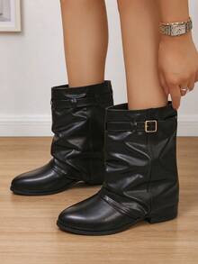 Women's Ruched Pleated Mid-Calf Wedge Boots With Metal Buckle, Round Toe, Black Ankle Boots For Autumn/Winter Commute - Black - View 1