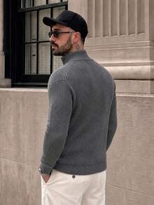 Lookun Men's Half-Zip High Neck Pullover Sweater, Autumn/Winter Dropped Shoulder Long Sleeve Casual Relaxed Street Style Outfit For Store Visits And Short Trips - Dark Grey - View 3