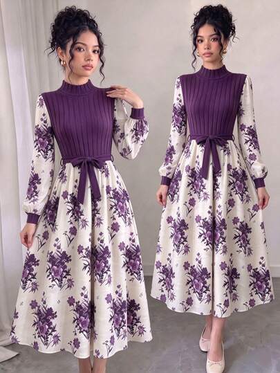 Teen Girls Vintage Semi-High Neck Knit Patchwork Ditsy Floral Dress With Cinched Waist Bow, Puff Long Sleeves, A-Line Full Skirt, Elegant Elegant, Autumn/Winter Outfit