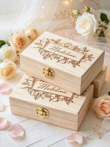 Personalized Floral Gift Box, Wooden Box, Engraved Flower Girl Gift, Multi-Functional Storage, Souvenir, Wedding Keepsake Box, Treasure Box, Personalized Bridal Party Birthday Gift, Baby Growth Keepsake Box, Baby Christening Gift, Christmas Eve Gift Box - Multicolor - View 3