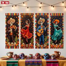 2D Flat Style, 4pcs Mexican Festival Banner, Suitable For Day Of The Dead Decoration, Vertical Hanging Backdrop With Skeleton Music And Dance Pattern, Can Be Used For Indoor Party, Photography And Ritual Activities - A - View 16
