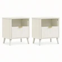 Set Of 2 Bedside Tables, Fluted Bedside Cabinets With Drawer & Open Shelf, Rounded Corner Nightstands With Gold Handles, Raised 4-Leg Solid Wood Base, White - Nightstands+Cream White - View 11