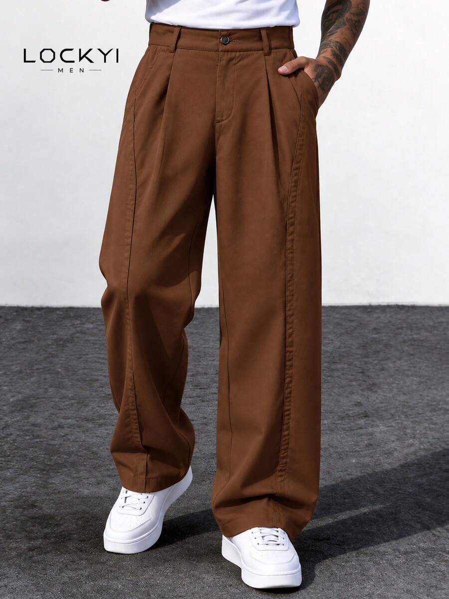 Men's Wide Leg Dress Pants, Brown High Waist Pleated, Draped Fabric, Business Casual - Brown - View 1