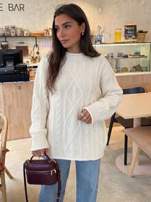 Just Masa Women's Fall Winter Casual Loose Cable-Knit Sweater, Solid Color Long Sleeve Round Neck Rib-Knit Pullover, For Daily Wear,Going Out,Social - White - View 1