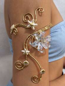 imoli 1pc Fashion Bohemian Metal Resin Lily Flower Shell Design Arm Cuff, Spiral Adjustable Open Body Chain Arm Ring, Suitable For Women's Party Beach Vacation Arm Jewelry - 34161-ab-g - View 2