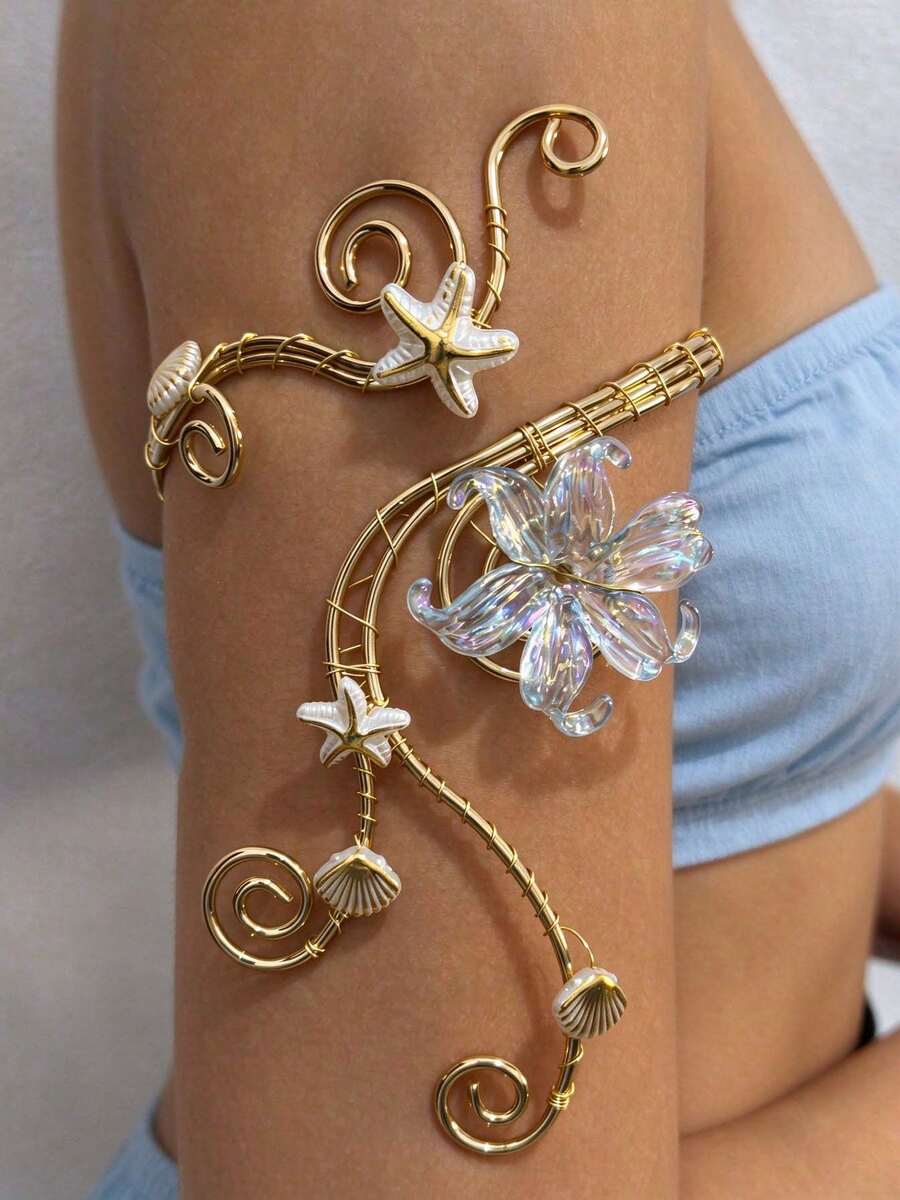 imoli 1pc Fashion Bohemian Metal Resin Lily Flower Shell Design Arm Cuff, Spiral Adjustable Open Body Chain Arm Ring, Suitable For Women's Party Beach Vacation Arm Jewelry