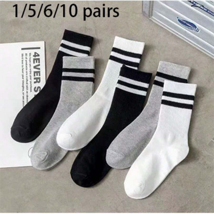 1/5/6/10 Pairs Unisex Mid-Calf Striped Socks, Double Stripe Design, Soft And Comfortable, Breathable Fabric, Suitable For Casual Home And Outdoor Sports Wear, Machine Washable - Multicolor - View 1
