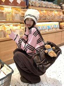 Women's Autumn/Winter Colorblock Striped Collared Sweater, Casual Loose Fit Pullover Long Sleeve Knit Top - Pink - View 8