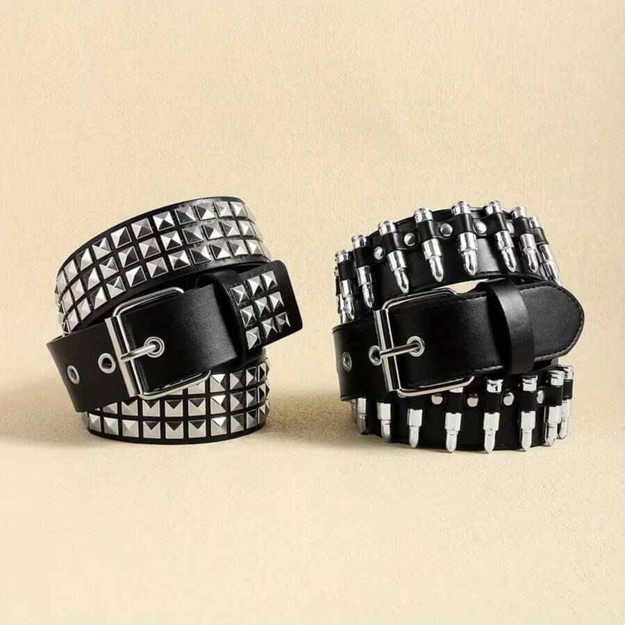 1pc Unisex Black Studded Belts, Punk‑Inspired Design Adorned With Fashionable Stud Embellishments And Multi-Row Eyelet Holes - ZD01 02 - View 1