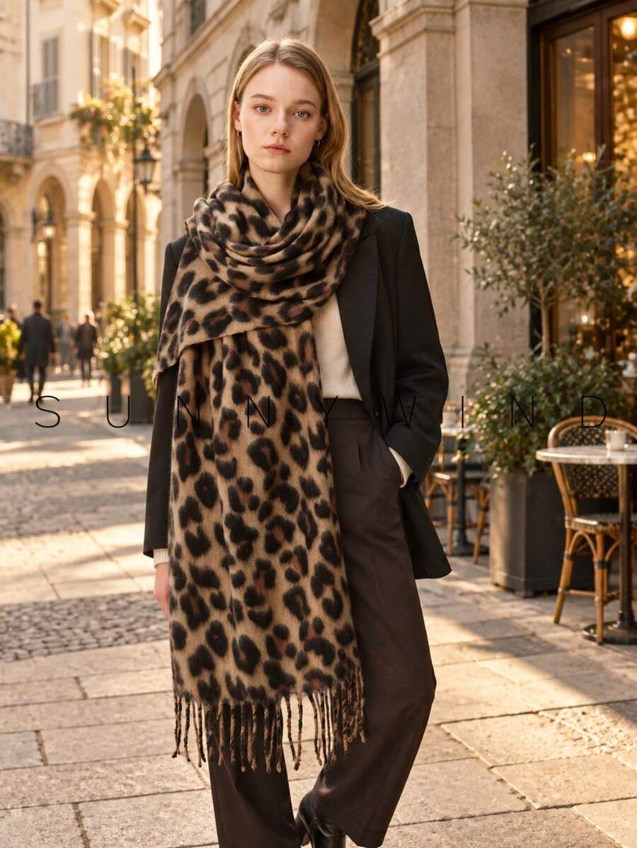 1件女款豹紋動物印花聚酯纖維優雅百搭保暖圍巾,適合日常使用 - 淺卡 - 查看 1
